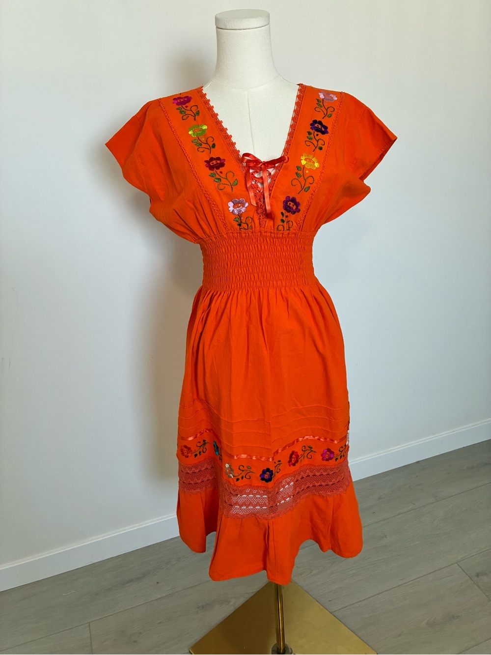 Bright Orange Mexican Embroidered Cotton Midi Dress